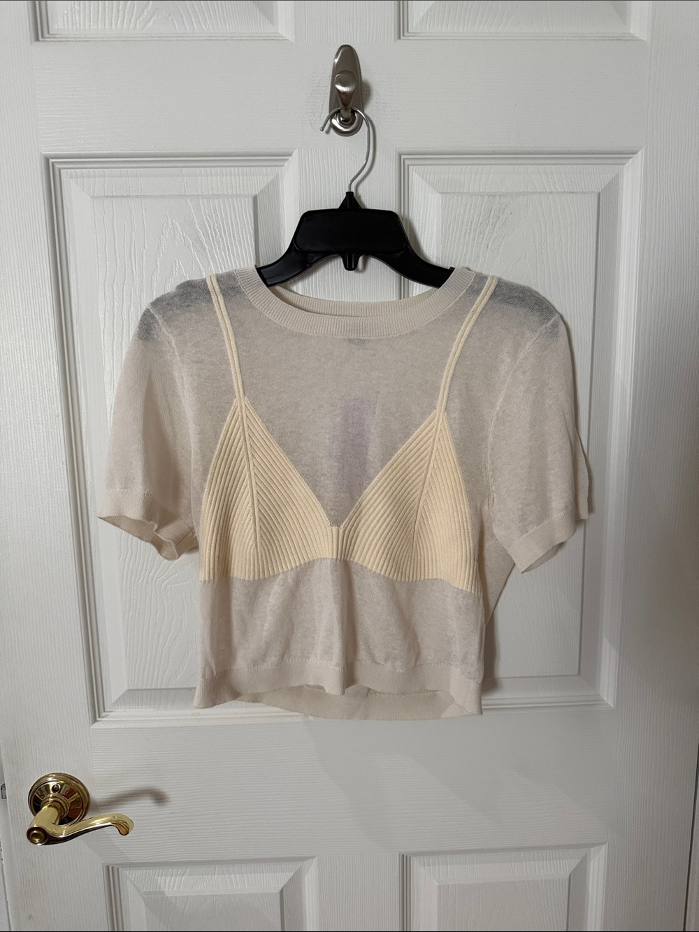 NWT wild fable Cream Short-Sleeve Knit Crop Top with Bralette Overlay medium
